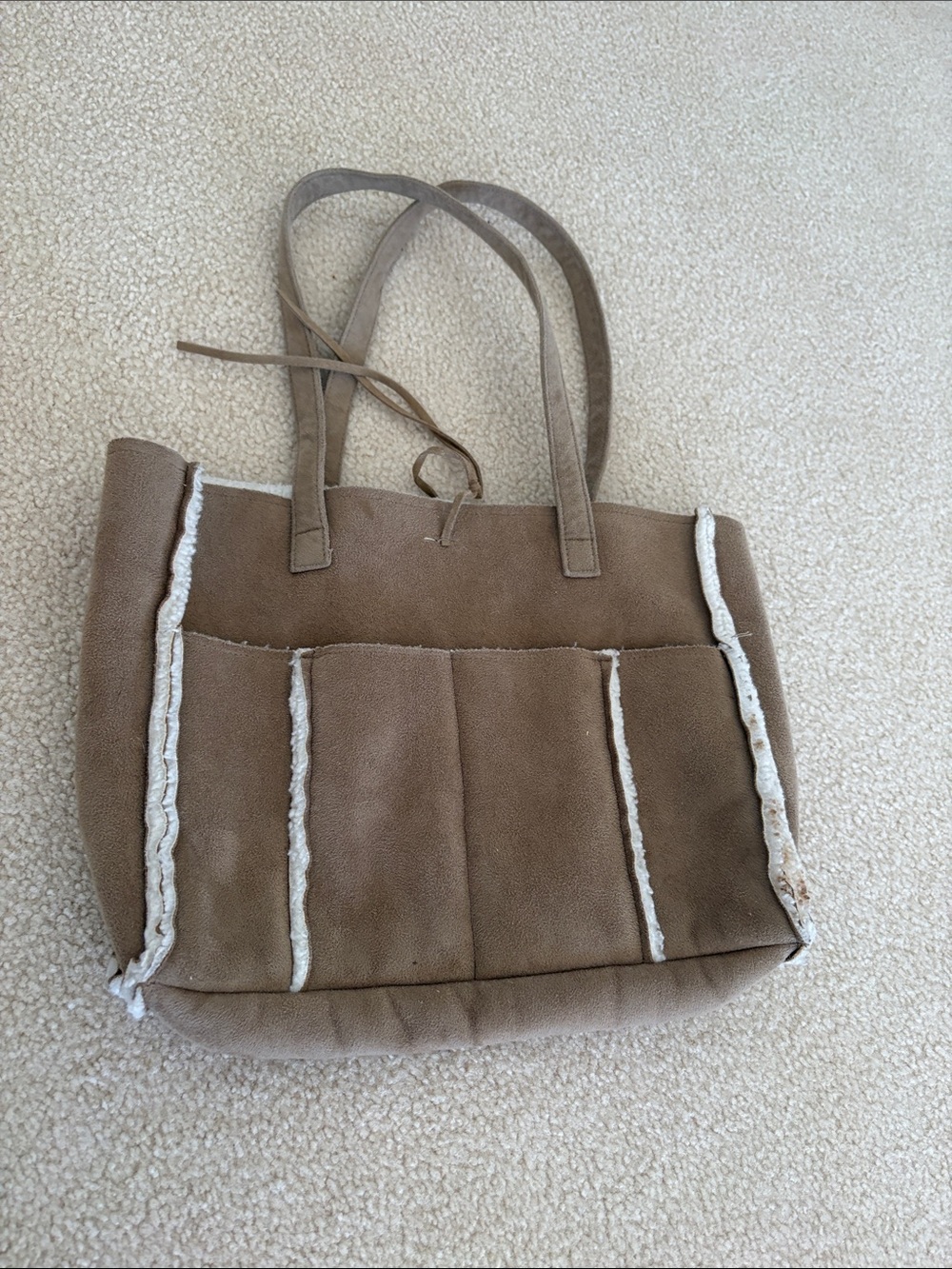 Taupe Suede Tote Bag with Contrast Trim